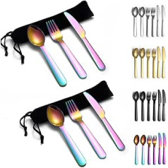 Evanda Rainbow Camping Cutlery 2 Pack, Includes Knife Fork Spoon, Titanium Rainbow Plating Stainless Steel Travel Cutlery with Black Bag, for Outdoor, Picnic, Camping, Dishwasher Safe