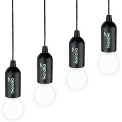 Skandika Narvik kempinga lampa, komplekts 4, LED lampa, vilkšanas gaisma, baterijām darbināma spuldze ar velkamu slēdzi, piekarināma, kempinga piederumi, pārnēsājama telts lampa, kempings, festivāli, garāža, pagrabs