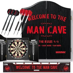 Winmau Man Cave šautriņu dēļa dāvanu komplekts ar šautriņu dēli, šautriņu skapi, bultām un mešanas līniju