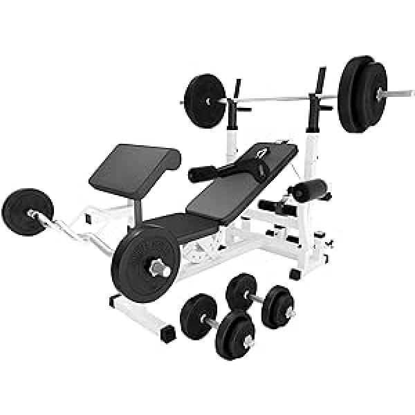 GORILLA SPORTS® spēkstacija ar hanteles komplektu 100 kg ar stieņa statīvu, stieņa vilkšanu, tauriņu un kāju saritināšanu, regulējams, balts/melns, daudzfunkcionāls svaru sols, treniņu sols, fitnesa stacija