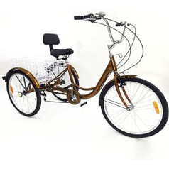 3 Wheel Bicycles for Adults, 24 Inch Adult Tricycle, 6 Speeds 3 Wheels Bike, 3 Wheels Cruiser Bike with Shopping Basket Cycling, for Shopping, Outdoor, Picnic, Sports (Gold)