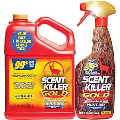 Wildlife Research Scent Killer Gold Spray Spray Gallon Combo Briežu medību smaržu kontrole apģērbam un medību piederumiem, ietver 24 unces lauka aerosolu un 1 galonu uzpildes pudeli