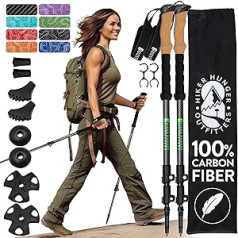 Hiker Hunger 100% Carbon Fibre Trekking Poles - Ultralight & Collapsible with Quick Flip Locks, Cork Grips, Tungsten Tips, Set of 2 Poles - All Terrain Accessories and Carry Bag, Hiking, & Walking