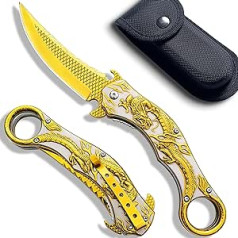 MADSMAUG Glod Dragon Knife Folding Knife, 60HRC 9Cr18Mo Blade Folding Knife with Sheath, Cool Pocket Knife for Men Outdoor Survival Camping (Gold)