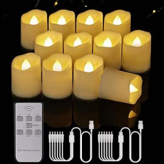 BOWKA uzlādējamas 12 LED tējas lampiņas ar tālvadības pults taimeri Bezliesmas mirgojošas aptumšojamas sveces ar USB vadu Ziemassvētku ballītei, kāzām Helovīna mājas baznīcā āra kempings (silti balts)