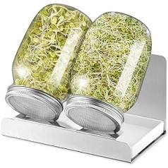 ecooe Sprouting Germination Glass 1000 ml, Set of 2 Sprouting Jars for Sprouts, with 2 Filter Grids, Covers Made of 304 Stainless Steel, 1 Stand and 1 Water Bowl