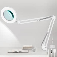 5 x Magnifying Lamp, LED Desk Lamp with Clamp and Adjustable Arm - Dimmable & 3 Colour Modes Magnifying Glass with Light, 4.1 Inch Diameter Glass Lens Cosmetic Lamp for Reading/Office/Work (White)