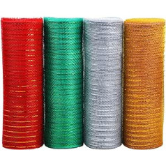 Jomnvo 4 Rolls 10 Inch x 10 Yards Christmas Poly Mesh Ribbon Decorative Poly Mesh Metallic Foil Decorative Mesh Ribbon for Christmas Wreaths Gift Wrapping (Red, Green, Gold, Silver)