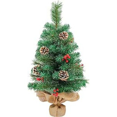 himaly 60 cm / 2 pėdų dirbtinio stalo mini Kalėdų eglutė su kankorėžiais, raudonomis uogomis, žaliais pušies lapais, 70 galiukų, lino medvilnės ir cemento pagrindu kalėdinėms dekoracijoms