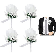 4 x White Handmade Wedding Buttonhole Flowers with Pin and Clip