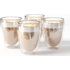 IZSUZEE Latte Macchiato glāzes ar dubultām sienām origible Design – termiskās glāzes, kas izgatavotas no borsilikāta stikla (4 x 350 ml) – dubultsienu kafijas glāzes kapučīno glāzes tējas glāzes