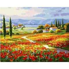 CaptainCrafts DIY Oil Painting by Numbers Kits for Adults Beginners Poppies Field Landscape 16 x 20 Inch Linen Canvas Acrylic Paint Crafts for Main Wall Decoration (with Frame)