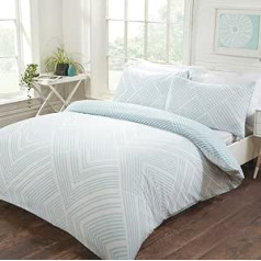 Sleepdown 5056242747123 Striped Geometric Duck Egg Duvet Cover Set with Pillow Cases Reversible Easy Care Double (200 x 200 cm), Cotton Blend, Duckegg, Double