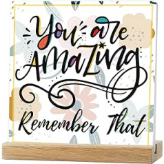 CREATCABIN Inspirational Quotes Desk Decoration Gift You Are Amazing Remember That Home Office Decor Ceramic Plaque Positive Table Sign with Wooden Stand for Women Friend Coworker Family