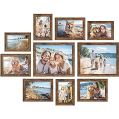 SONGMICS RPF049X01 attēlu rāmji 16 stiprinājumi 10 foto rāmju komplekts Divi 20 x 25 cm Četri 13 x 18 cm Četri 10 x 15 cm pakarināms statīvs MDF stikls 12 Neizsekojami sienas āķi Vintage brūns