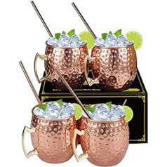 Set of 4 Food Grade Copper Cups with Straw Handmade Pure Copper Cocktail Drinking Cup Kitchen Mug for Food and Entertainment Great Gift