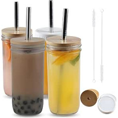 Leafboat Boba Tasse mit Deckel und Strohhalm (4 Stück) 680 ml Einmachglas, Trinkglas, wiederverwendbare Eiskaffeebecher, Smoothie-Tasse, Bubble Tea Tasse (5 Stück)