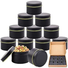 Screw Lid Metal Jars, Pack of 12 Round Aluminium Tins with Screw Lid, Metal Jars, Candle Jars for Candles, DIY, Crafts, Jewellery, DIY Candle Making Accessories (Black)