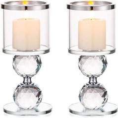 Sziqiqi Crystal Candle Holder Set, Set of 2 Candle Holders, Pillar Candles, Glass, Modern Candle Holder, Tea Light Holder for Wedding, Dining Table, Bathroom, Table Decoration, Birthday Party Decoration, Silver