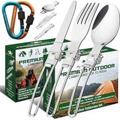 My Smart Grandpa Camping Cutlery Twin Pack with Free Carabiner Hook and Sharpening Stone Stainless steel folding camping cutlery set. Outdoor travel cutlery- lightweight.