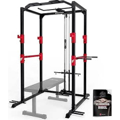 Sportstech Power Rack + pievilkšanas stienis, iegremdēšanas stieņi, 2 x latu vilkšanas rokturis + karabīnes āķis un stieņa sienas plaukts stienim ar svariem Mājas trenažieru zāles spēkstacija: fitness un sports mājās; FPR300/350.