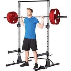 Fitness Reality Squat Rack Power Cage ar J veida āķi, Landmine 360° grozāmu, svara plāksnes glabāšanas stiprinājumu un Power Band tapām