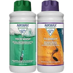 Nikwax Tech Wash mazgāšanas līdzeklis + TX Direct impregnēšana, 2 x 1 litrs funkcionālam apģērbam.