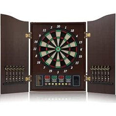 Hanbramo Dartboard Dekoratīvā šautriņu dēļa skapja komplekts [12 x Soft Tip Darts] Elektroniskais šautriņu dēlis — koka skapja durvis ar integrētu tablo ģimenes rotaļu istabai