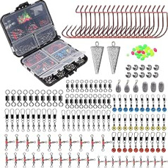 Drehbare Angelausrüstung mit Angelzubehör inklusive Wurm-Jig-Haken, Angelwirbel Druckknöpfe, Sinker-Rutschen, Barsch-Guss-Sinker-Gewichte, Angelausrüstung für Süßwasser, Salzwasser