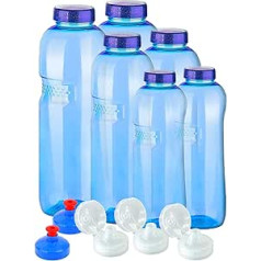 6 x oriģinālās pudeles no Tritan bez plastifikatoriem. Komplektā 2 x 1 litri (apaļi), 2 x 0,75 litri (apaļi), 2 x 0,5 litri (apaļi), 5 standarta vāki, 3 sporta vāki (atverams augšējais), 2 dzeramā vāki (push PULL), nesatur BPA