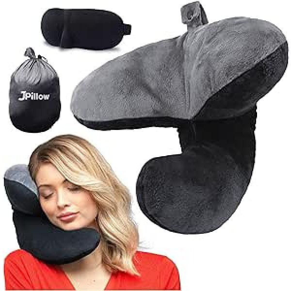 J-Pillow ceļojumu spilvens + pārnēsāšanas soma + miega maska - neļauj galvai nokrist uz priekšu - Lielbritānijas gada izgudrojums - atbalsta kakla spilvens ceļojumiem - Ērts lidmašīnas spilvens (melns)