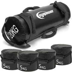 eyepower 20 kg Professional Power Bag + 4 ūdensnecaurlaidīgi Kettlebell svari ar dzelzs smiltīm - labāk nekā aprīkojums: 6 rokturu fitnesa smilšu maiss mājām - 20 x 60 cm mājas treniņu svara soma - vēdera un muguras trenažieris