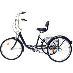 Begoniape 24 Inch 6 Speed Tricycle for Adults Seniors, Tricycle Folding Bike Made of Carbon Steel, Black Backrest Adult Tricycle, Basket 3 Wheels Bicycle