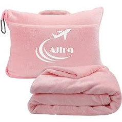 Ajlrq Travel Blanket, Airplane Pillow, Premium Soft 100% Polyester, 2 in 1 Travel Pillow, Airplane Blanket with Soft Pocket, Pillow Case with Storage Bag and Handle Belt, Pink