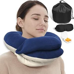 BUYUE Travel Pillow for Airplanes, 360° Neck Support Sleeping Essentials for Long Flights, Kit with 3D Contoured Eye Mask, Earplugs and Storage Bag (Large, Navy)