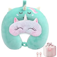 qhydz Travel Neck Pillow for Kids Girls Unicorn Memory Foam Neck Support Pillow (Washable Cover) + Cute Eye Mask + Carry Bag + Earplugs, Lightweight Travel Pillow Set for Airplane