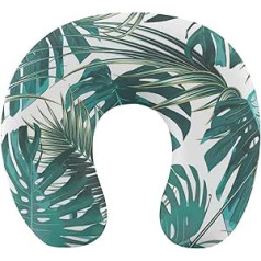 Memory Foam Travel Pillow, Green Monstera Leaves Neck Pillow for Daily Sleep, Home, Airplane, Car or Office