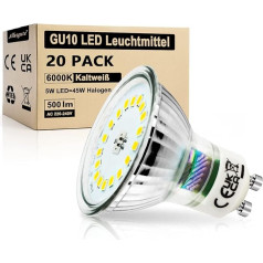 Allesgute GU10 LED spuldze 5 W Stikls Cool White 500 lm LED spuldzes Aizstāj 45 W halogēnās LED spuldzes, bez apgaismojuma, 20 gab. iepakojumā