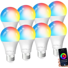 ANTELA Alexa spuldze E27 9W 806LM RGB 2700K-6500K silti balta vēsā baltā gaisma, WLAN LED dimmable spuldze, saderīga ar Google Home, 8 gab.