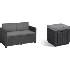 Keter Allibert by Victoria Garden Lounge Sofa, Graphite / Grey & Allibert by Cube Stool with Storage Space, Grey, Includes Cushion, Removable Lid, Flat Rattan Look, Weatherproof, 42 x 42 x 39 cm