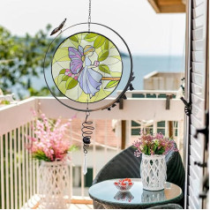 HONGLAND Flower Fairy Wind Chime Vitrāžas stikla saules ķērājs Vēja skulptūras āra dārza iekštelpu dekorēšanai 68cm