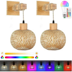 KZT 2 x Vintage Boho sienas lampa, 16 RGB dimmable Vintage nakts lampa, rotangpalmas bambusa abažūrs, pie sienas stiprināms, lasāmspuldze, rustikāla virves sienas lampa, E27 guļamistabai, viesistabai, gaitenim (A)