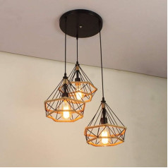 iDEGU 3 spuldžu piekaramā lampa 25 cm industriāla piekaramā lampa Vintage metāla abažūri un kaņepju virves būra dizains Retro E27 melns piekaramais apgaismojums ēdamistabai un viesistabai (3 spuldzes, Rondelle)