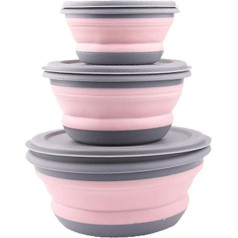 GLE2016 3 Stück Lebensmittelqualität Silikon Faltbare Schüssel Lunchbox - Erweiterbare Lebensmittelaufbewahrungsbehälter Set Silikon Salatschüssel mit Deckel tragbar (Pink)