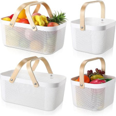 4 Pieces Plastic Mesh Garden Harvest Basket Storage Basket with Wooden Handle Multifunctional Mesh Basket for Kitchen Cabinet Picnic Fruit Vegetable Collecting (White, Large, Small)