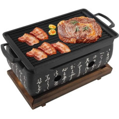 Japanese BBQ Grill Mini Charcoal Table Grill with Baking Tray Wire Mesh and Wooden Base, 24 x 12.5 x 11.5 cm Portable Japanese Charcoal Oven Camping Stove for Yakiniku, Takoyaki, Eel Teriyaki