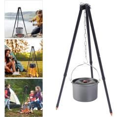 Kempings Tripod Grils Nerūsējošā tērauda regulējams augstums Kempings Tripod Picnic BBQ Foldable Grill Rack pakaramais ar ķēdi un āķi kempingam, āra, dārzam un patio (melns)