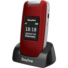 Easyfone Prime-A1 GSM mobilais tālrunis Saliekams mobilais tālrunis bez līguma | Saderīgs ar dzirdes aparātu (HAC) | Lielas pogas un liels fonts | Ar avārijas zvana pogu un lodlampu un uzlādes staciju (sarkanā krāsā)