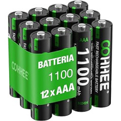 OOHHEE 12 AAA įkraunamos baterijos, 1200 Tech AAA baterijos, Ni-MH 1100 mAh AAA baterija, mažai išsikraunančios 1,2 V AAA baterija, su 3 apsauginėmis dėžutėmis