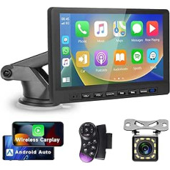 Rimoody bezvadu Apple Carplay un Android automašīna, 7 collu IPS skārienekrāna pārnēsājams automašīnas radio ar Bluetooth/FM raidītāju/Apple Airplay/Android Mirror Link/Google/GPS/Siri/AUX/USB/TF radio ar aizmuguri